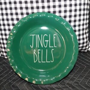 Rae Dunn Green Ceramic Pie Plate with 'Jingle Bells' Design